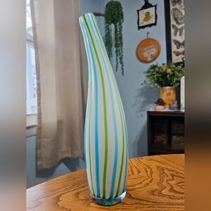 Hand Blown Cased Glass White Lime Aqua Striped Tall Curve Vase Bottle 14"